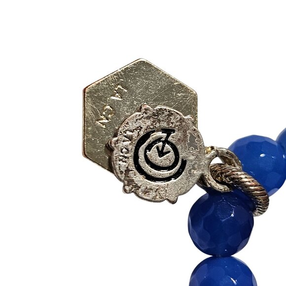 Blue Faceted Bead Stretch Charm Bracelet Gold Hexagonal Circular Engraved Charms - Picture 3 of 4